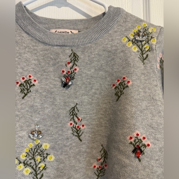 Nanette Lepore Gray Floral Embroidered Crewneck Sweater - Picture 5 of 7